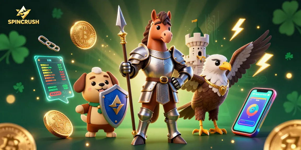 Engage in SPINCRUSH with knights, coins, and vibrant gaming elements in a dynamic 3D scene.