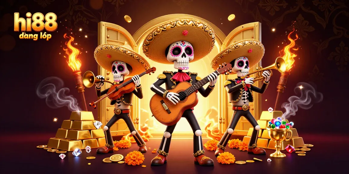 Experience excitement with hi88 đăng nhập as dynamic mariachi skeletons celebrate gambling wins surrounded by treasures.