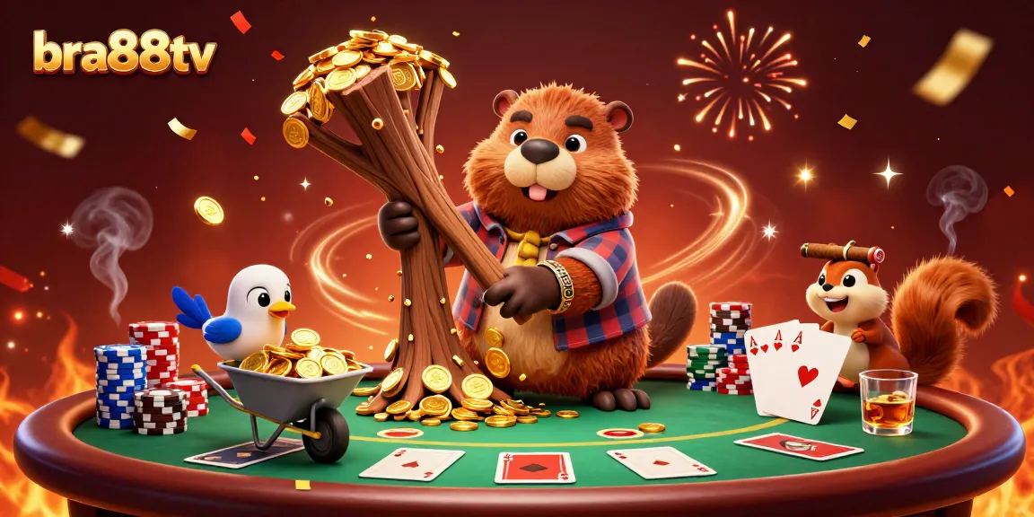 Engaging illustration of bra88tv featuring a beaver and friends in a lively casino scene surrounded by poker elements.