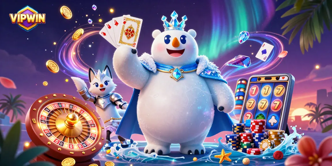 Experience thrilling luck at VIPWIN with a captivating online casino scene featuring a 3D ice king and snow fox.