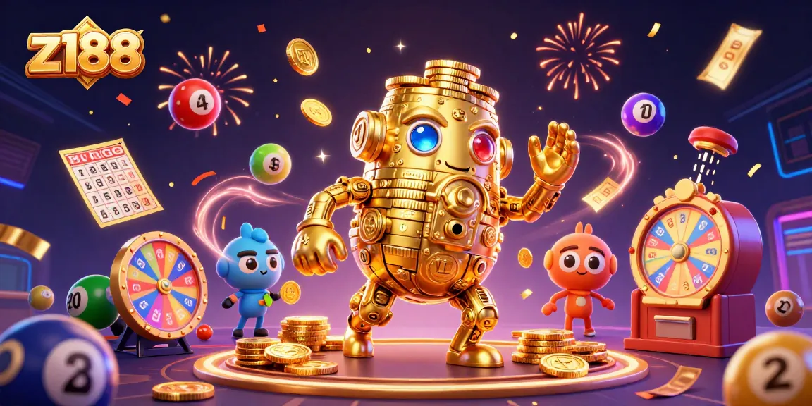 Experience the thrill of z188 with a dynamic casino scene showcasing colorful lottery elements and golden golem.