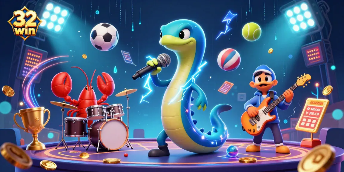 Bet on sports excitement with 32 win in a vibrant underwater casino scene showcasing dynamic characters and elements.