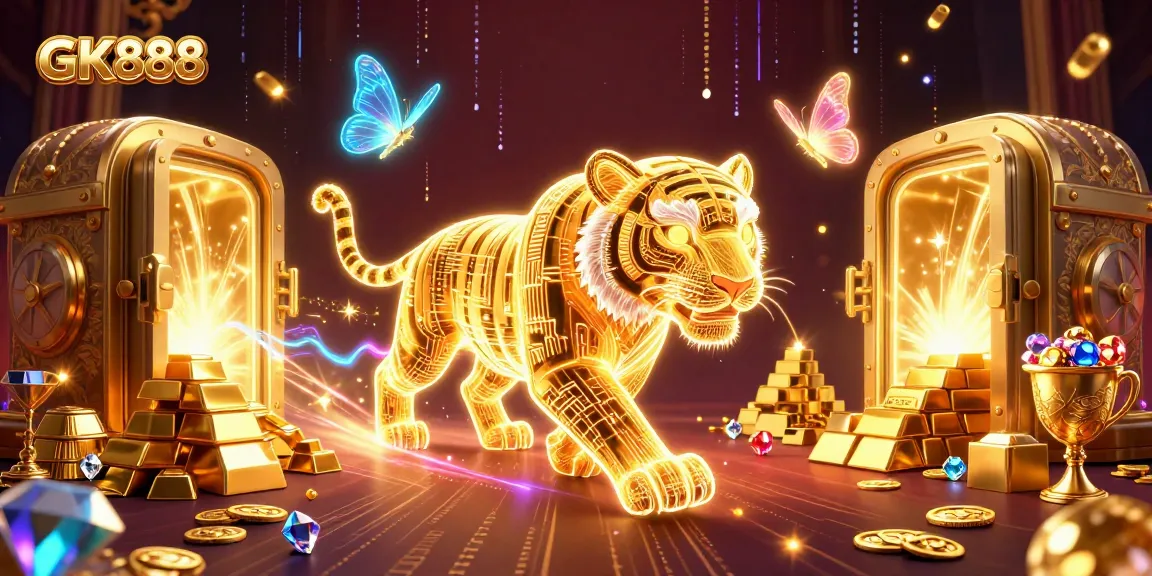 Spin the reels at GK888, where a golden tiger roams a dazzling casino filled with treasures.