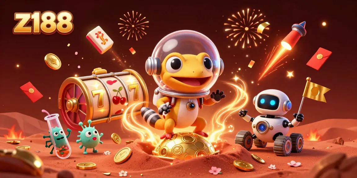 Join the Martian gecko and robot in z188's golden casino adventure bursting with celebration.