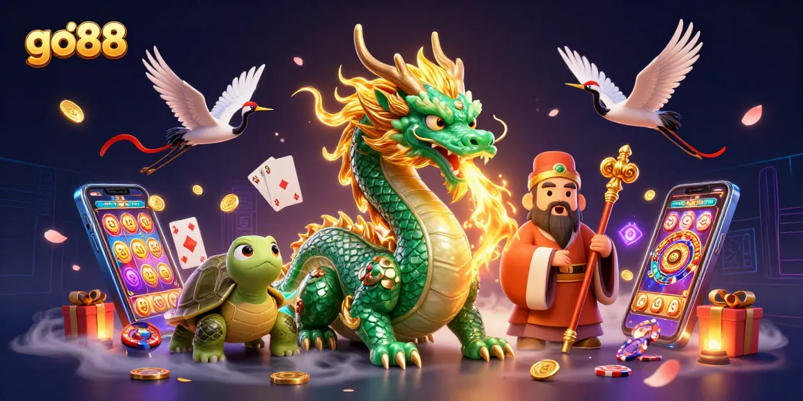Win big with go88 in a colorful casino scene featuring a dragon and turtle sage.