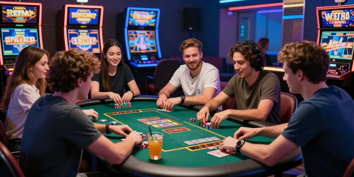 Sunwin players enjoying various online casino games in a vibrant gaming lounge, showcasing excitement and camaraderie.
