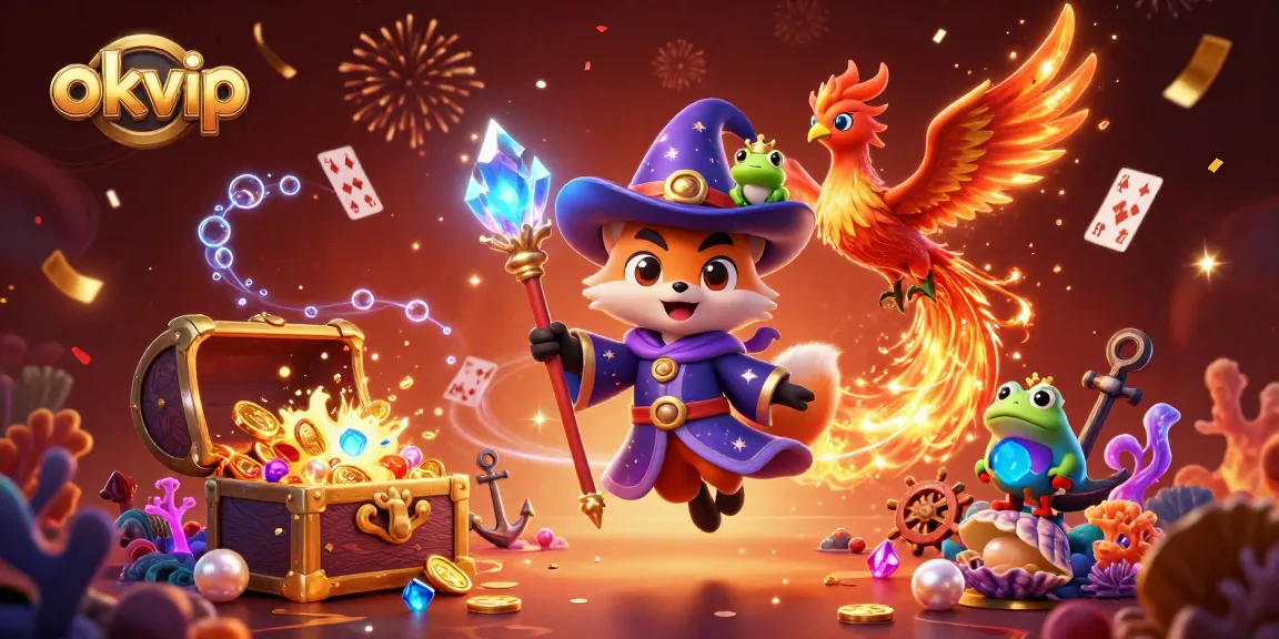 Experience the magic of okvip with a mystical wizard fox and a phoenix in a vibrant casino world.