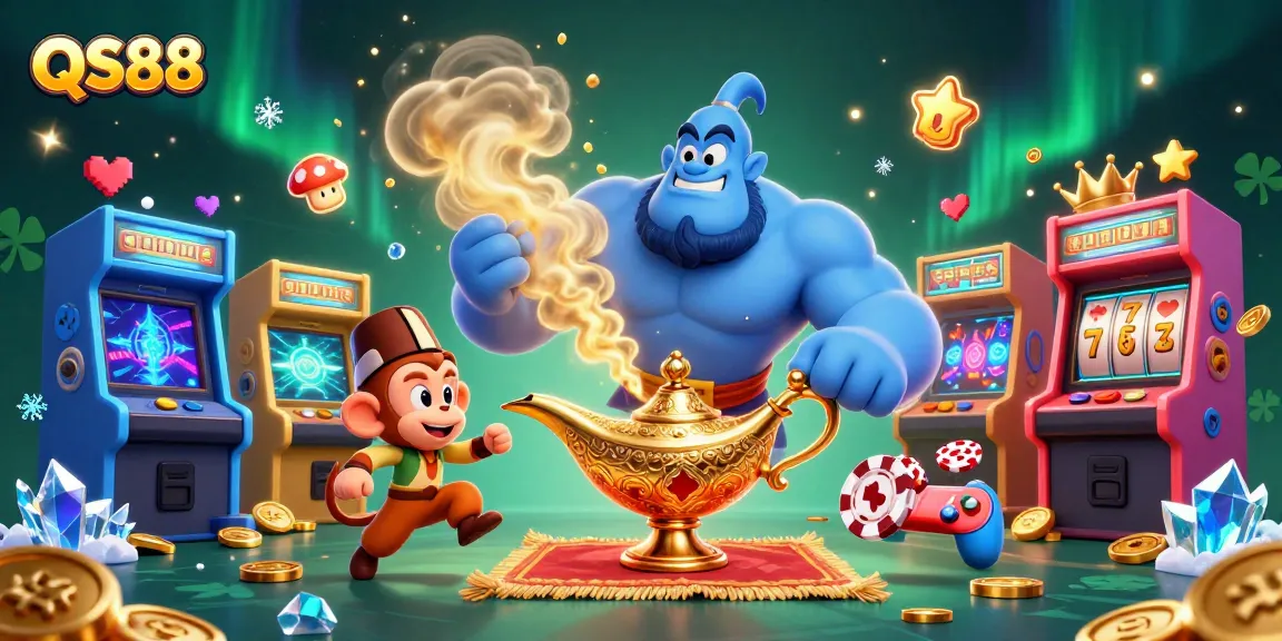 Experience the excitement of QS88 with a vibrant casino-themed 3D scene featuring a powerful genie and playful elements.