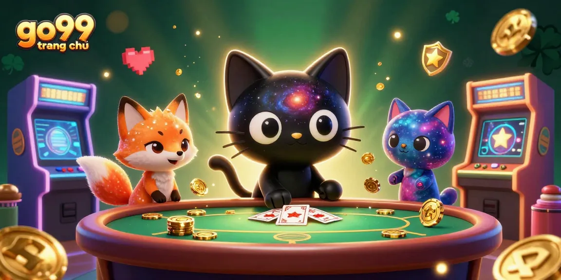 Engage with go99 trang chủ at a vibrant cosmic casino table with playful characters.