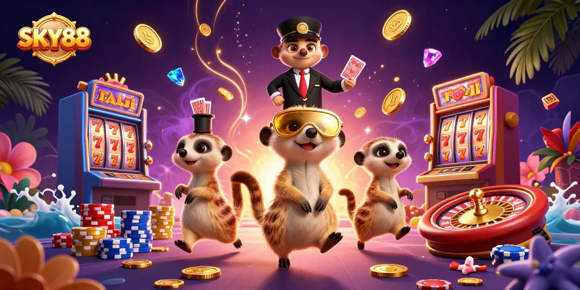 Experience thrilling action at SKY88 with lively meerkats running a casino operation, showcasing games and vibrant decorations.