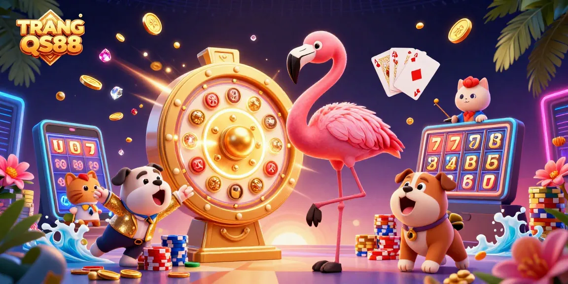 Spin the TRANG CHỦ QS88 prize wheel with exciting casino features and prizes revealed by energetic characters.