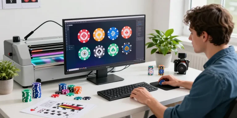 Custom poker chips design process, featuring vibrant poker chip samples and a designer at work.