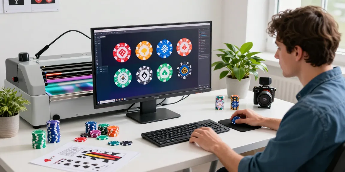 Custom poker chips design process, featuring vibrant poker chip samples and a designer at work.