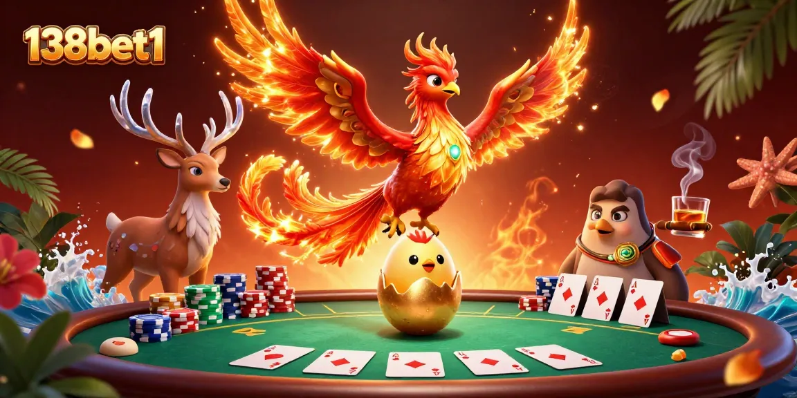 Engage with 138bet1's vibrant casino atmosphere featuring a glamorous phoenix and exciting poker elements.