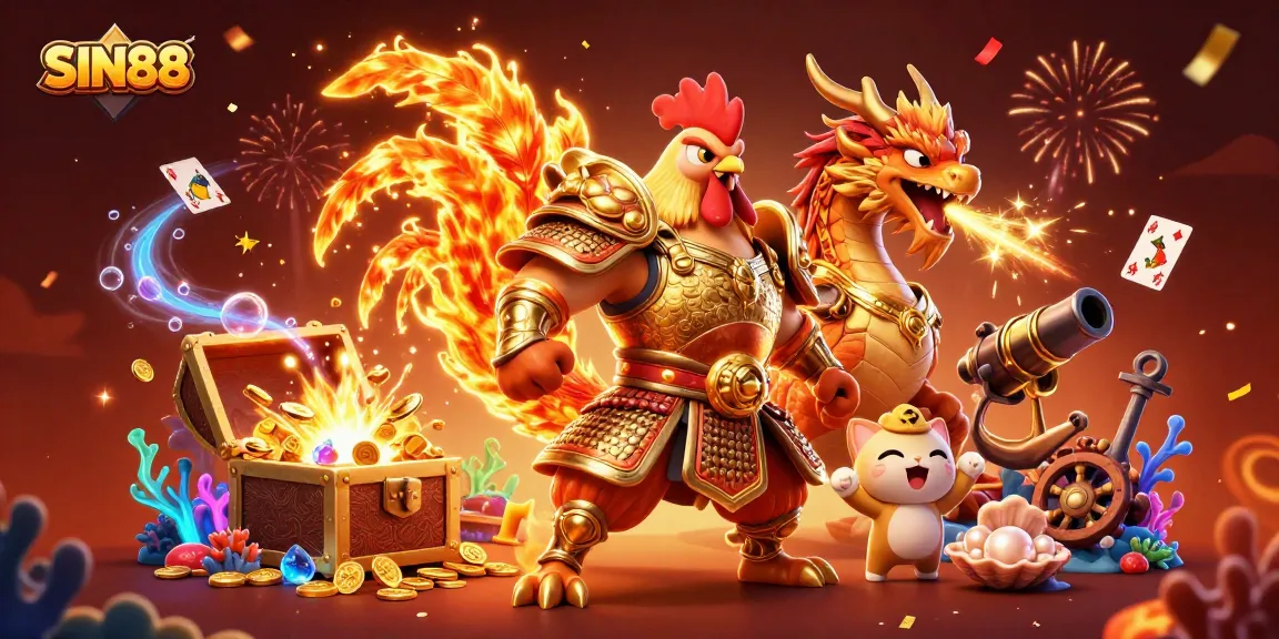 SIN88 showcases thrilling gambling adventures with a samurai rooster and armored dragon, celebrating victories.