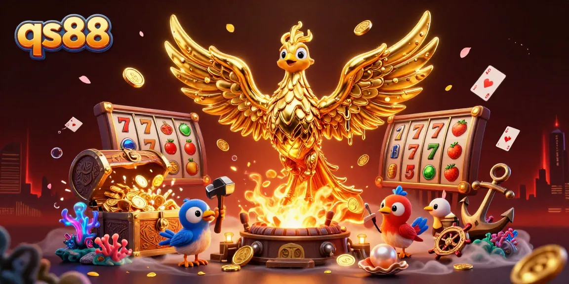 Experience thrilling qs88 slot action with a golden phoenix and vibrant casino elements.