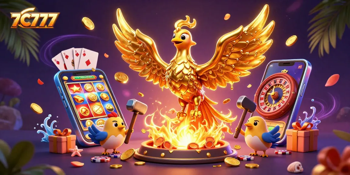 Engage with 7C777 through a dynamic illustration of a gold phoenix and game elements.