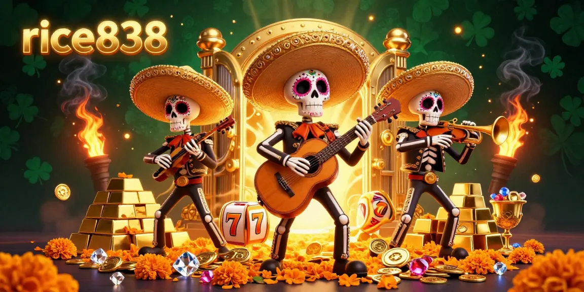 Spin the reels with rice838's vibrant mariachi band amidst golden treasures and slots.