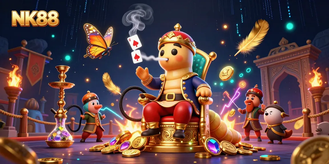 Experience NK88 where the caterpillar master crafts poker hand smoke in a vibrant casino scene.