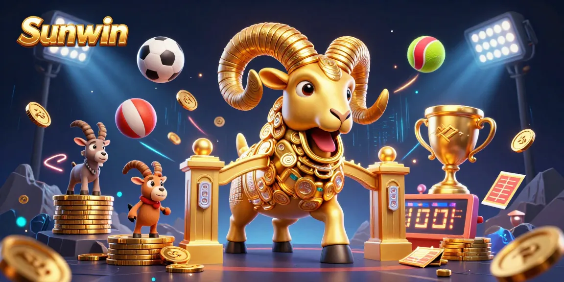 Sunwin showcases a dynamic 3D scene with a golden ram charging towards thrilling gaming elements.