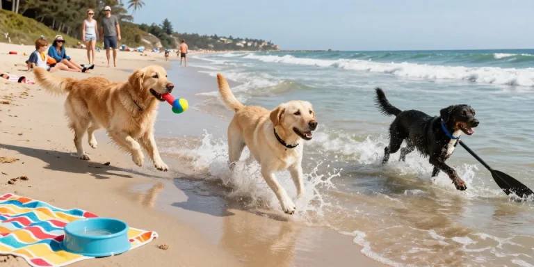 The best dog breeds for swimming enjoying a sunny beach day, featuring a Labrador and Golden Retriever splashing in the water.