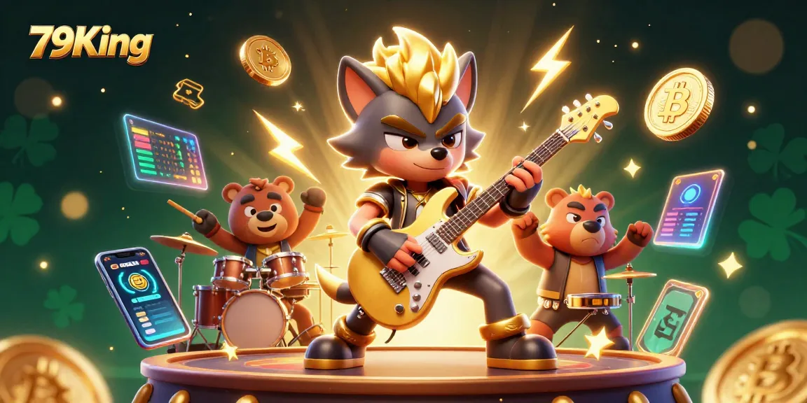 Engage with thrilling gaming at 79King casino featuring a 3D cartoon rock star wolf on stage.