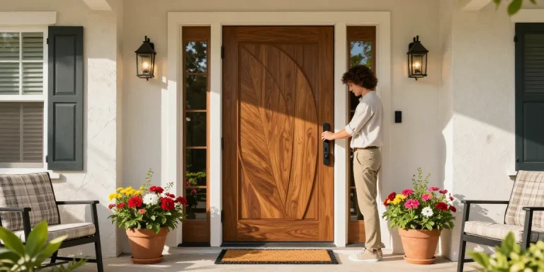 The single leaf double swing door enhances home entrance appeal with its elegant design and functionality.
