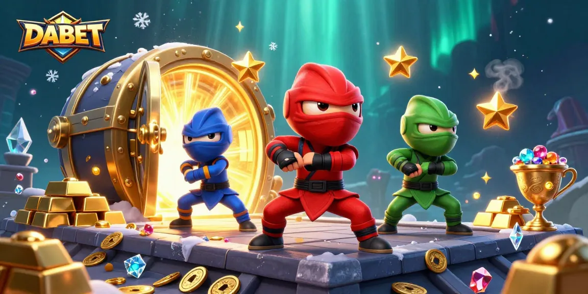 DABET showcases a vibrant 3D cartoon ninja chameleon team amidst a dynamic casino scene of treasure, lasers, and excitement.