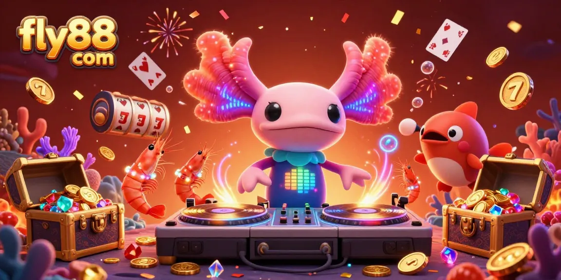 Engage with fly88 com's vibrant underwater adventure as a neon axolotl DJ spins exciting casino games.