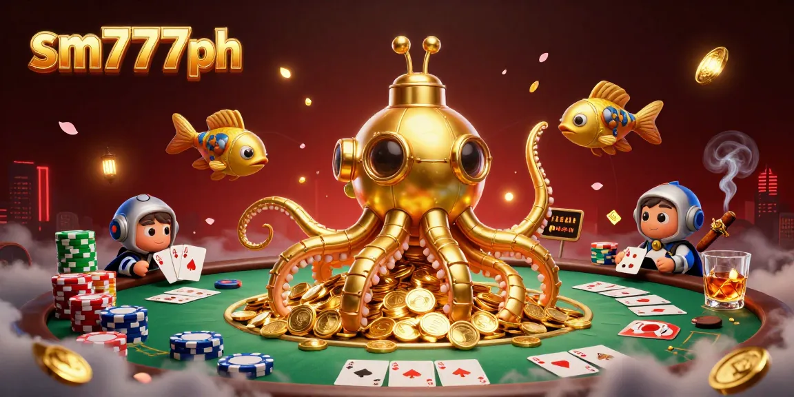 Engage with sm777ph's casino world as the kraken submarine dives into golden coins amidst poker action.