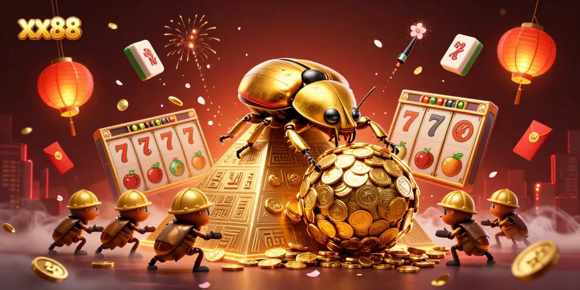Experience vibrant gaming fun with xx88, showcasing a golden beetle and thrilling casino elements.