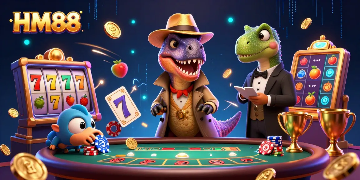 Engage with thrilling gameplay at HM88, featuring a velociraptor card counter at a blackjack table.