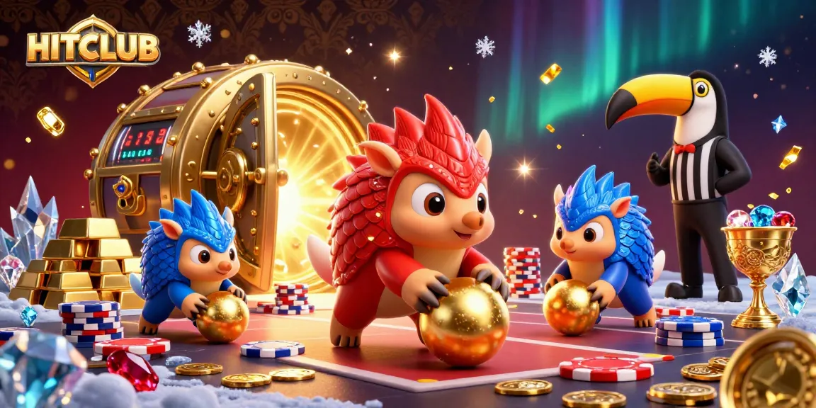 Engage in thrilling HITCLUB gaming with dynamic pangolins bowling through poker chips in a lavish casino.