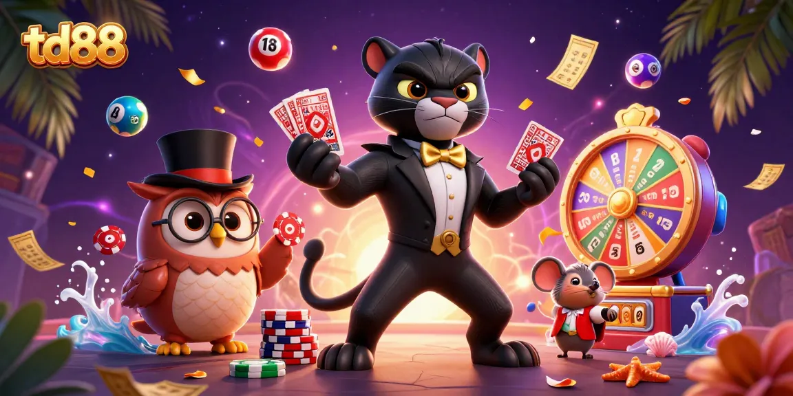 Engage in casino action with td88 as a stylish panther deals cards surrounded by vibrant gaming elements.