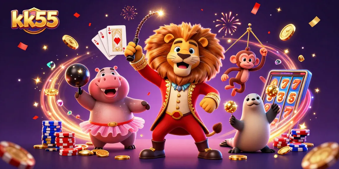 Engage with kk55 in this vibrant scene showcasing a cartoon circus featuring fun casino elements.