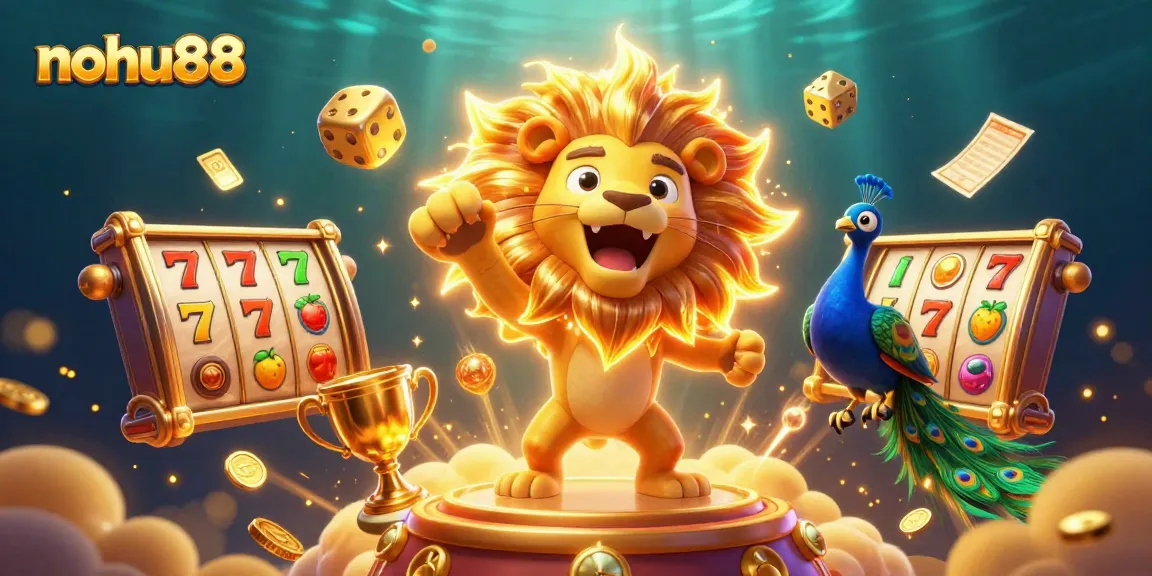Play slots at nohu88 with vibrant, golden symbols amidst an energetic casino scene.