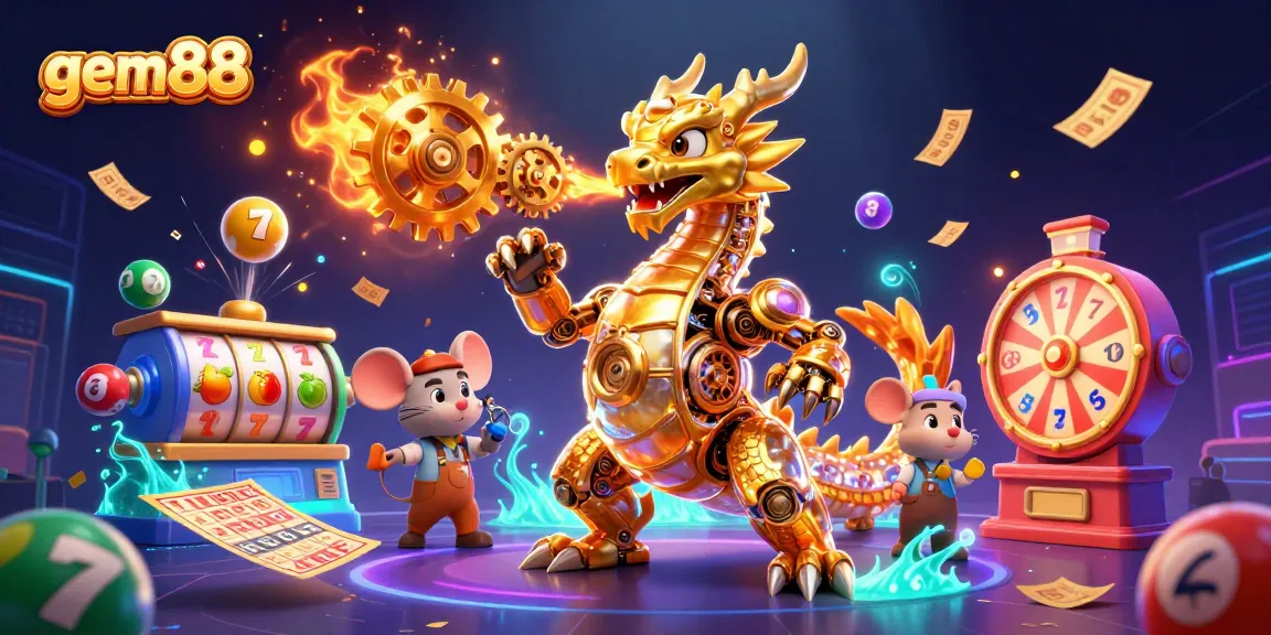 Win big at gem88 with an energetic 3D scene featuring colorful lottery elements and a golden dragon.