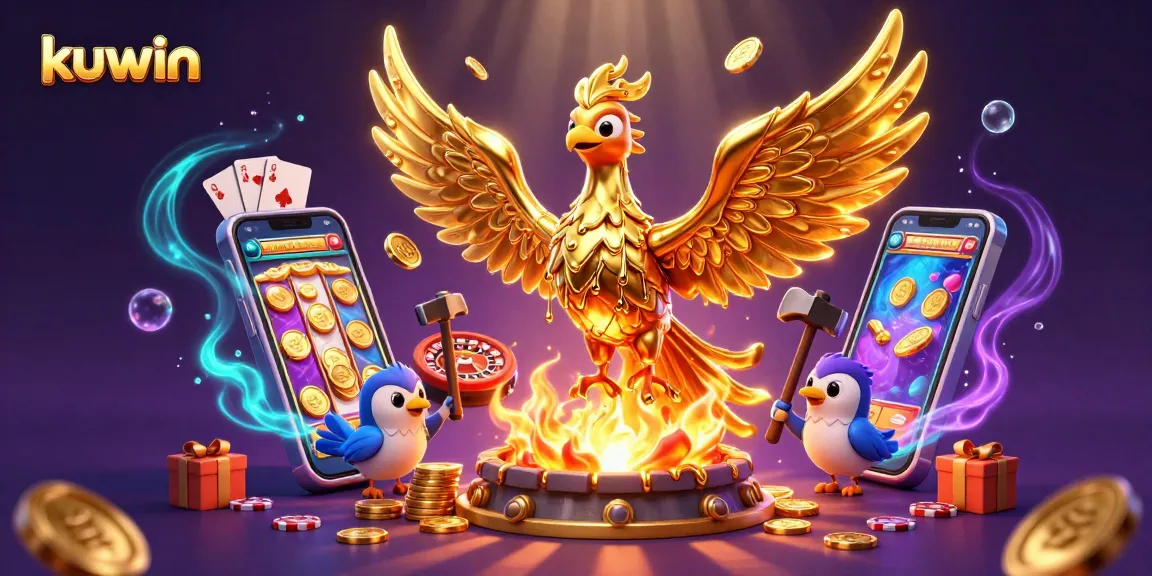 Kuwin offers thrilling slot gameplay with a phoenix and magic in a vibrant 3D casino scene.