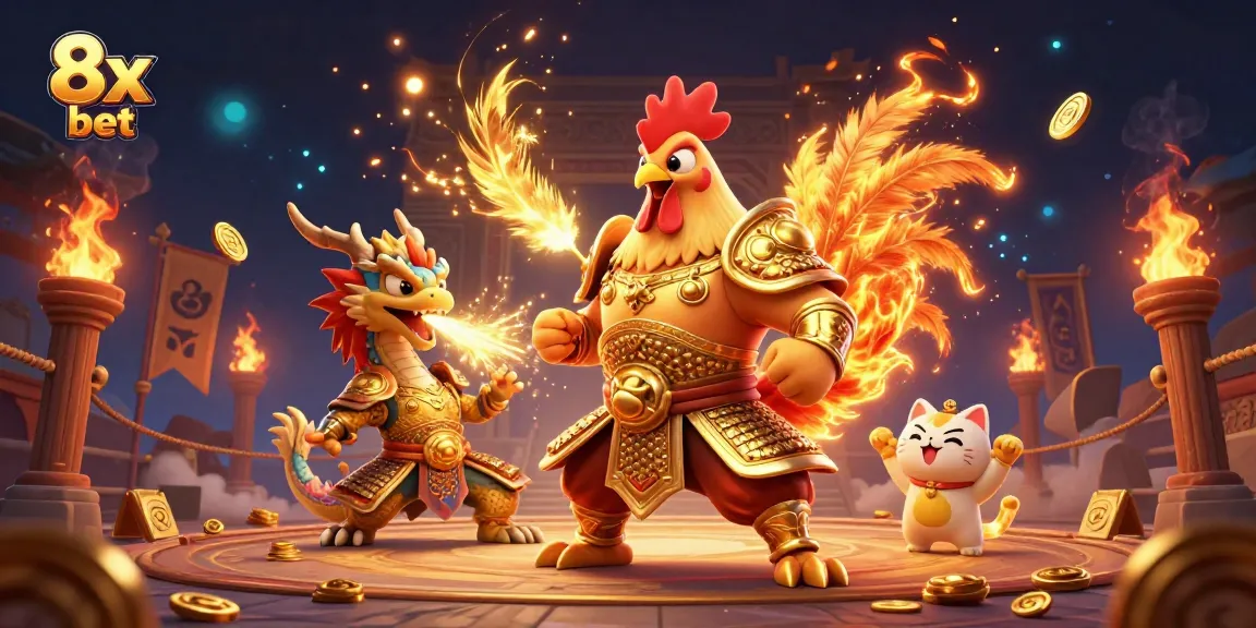 Engage in thrilling 8x bet action with an armored rooster warrior and dragon hatchling in an energetic gambling landscape.