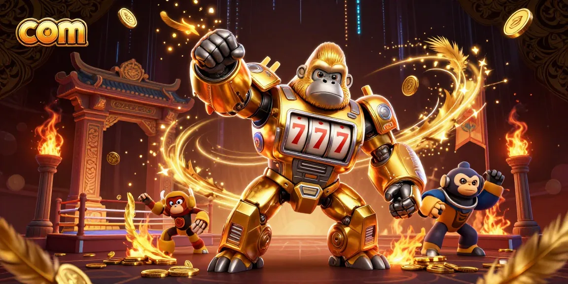 Experience thrilling wins at com with an epic 3D gaming illustration featuring a golden gorilla mech.