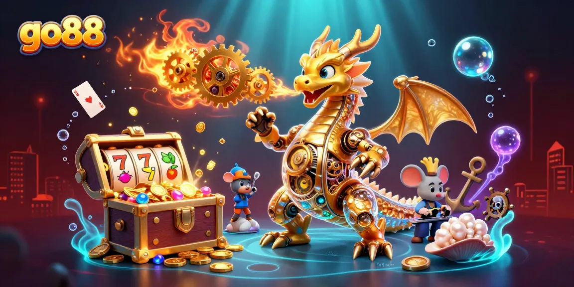 Engage with go88's online gaming adventures featuring a dragon amidst dazzling treasures and slot machines!