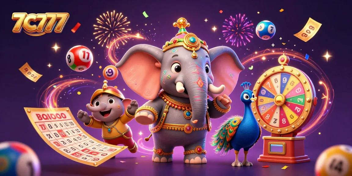 Engage with the vibrant 7C777 spectacle showcasing dynamic gaming elements and festive characters.