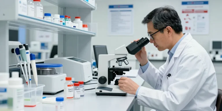 Researcher examining SwissChems Peptide samples in a modern lab setting.