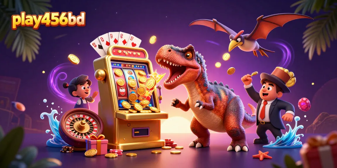 play456bd launches a jackpot as a pachycephalosaurus headbutts a golden slot machine, surrounded by casino elements.