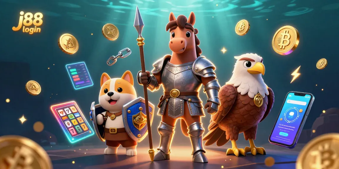 Engage with j88 login at this vibrant casino scene featuring crypto elements and gaming symbols.