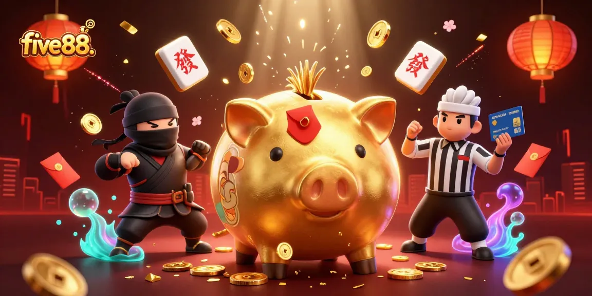 Experience the thrilling fun of five88. with a vibrant scene of a golden sumo wrestler winning coins, surrounded by casino symbols.