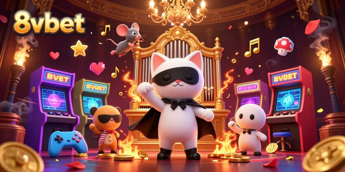 Experience the thrill of 8vbet with a lively casino illustration featuring a masked cat and a mouse acrobat.