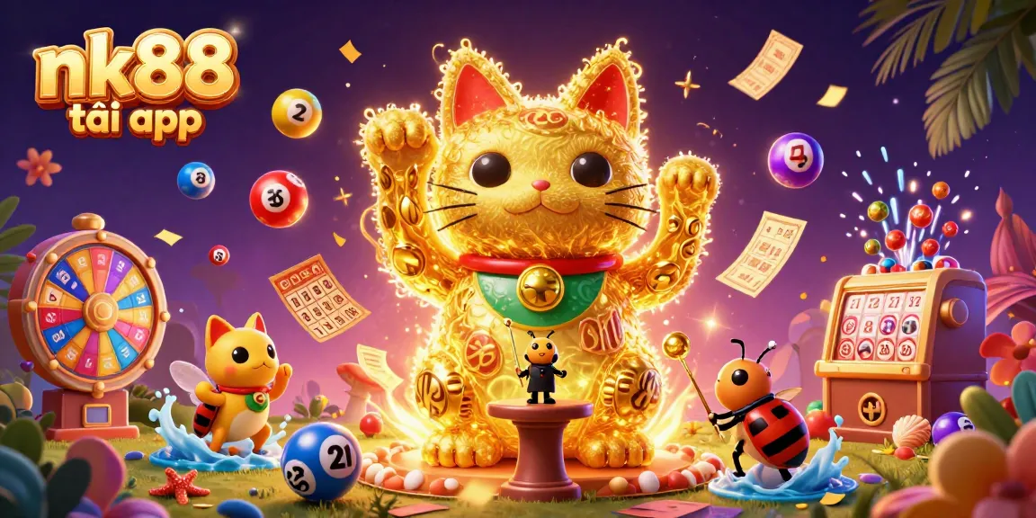 Play exciting games with nk88 tải app, featuring a lucky cat and colorful lottery elements.