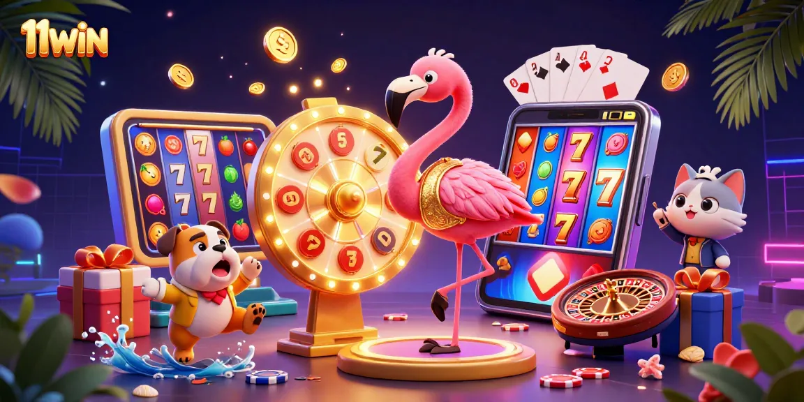 Spin the giant prize wheel with a flamboyant flamingo at 11WIN Casino, surrounded by vibrant gambling elements.