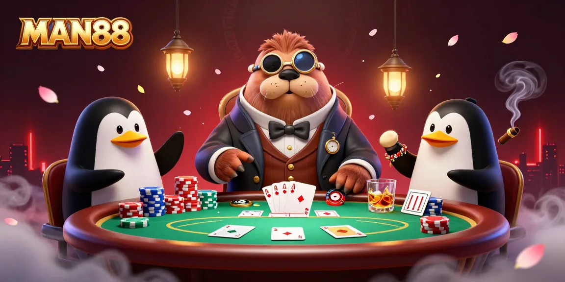 Engage in exciting gambling action with MAN88 featuring a walrus and friends playing poker.